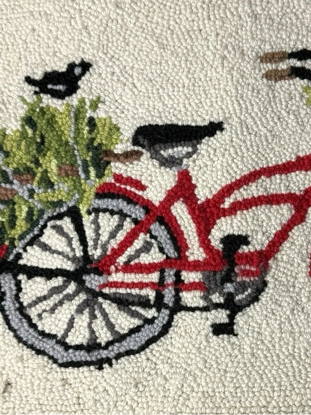 Red Bicycle Hooked Accent Pillow Cover with Cream Background